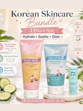 Yafa Korean Skincare Bundle | 2 Facial Masks + Hydrating Hyaluronic Acid Serum